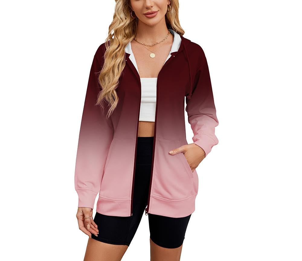 Womens Zip Up Hoodies Long Sleeve Sweatshirts Fall Outfits Casual Oversized Full Zip Hooded Jacket 2024 Fashion-Gradient-XL Red Pink