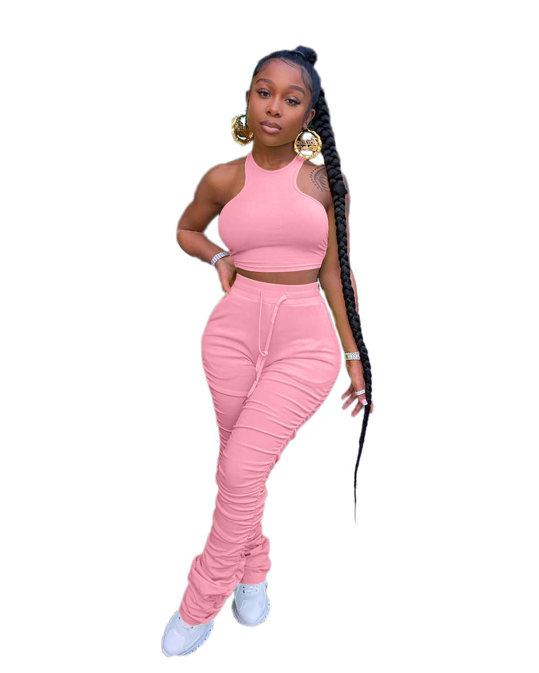 Casual Solid Ruffled Vest and Pants Set for Women
