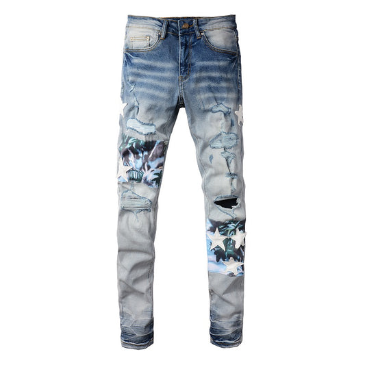 White Star Printed Torn Jeans for Men