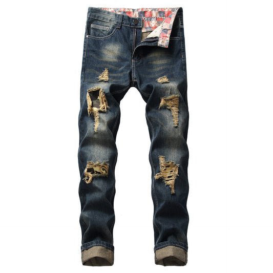 Men's Slim Fit Distressed Denim Jeans with Patches