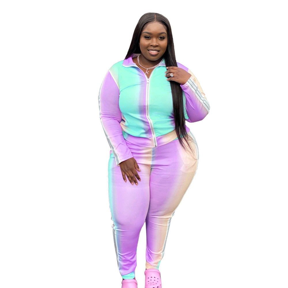 Gradient Color Printed Zip-Up Casual Two-Piece Set