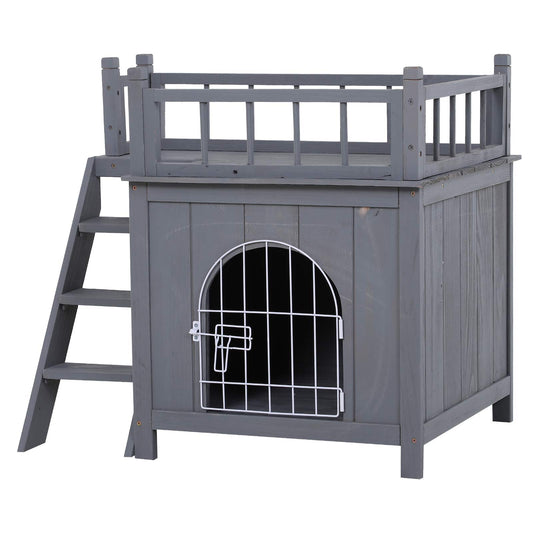 PawHut 2-Level Wooden Cat House Outdoor Dog Shelter Cat Condo with Lockable Wire Door and Balcony Grey
