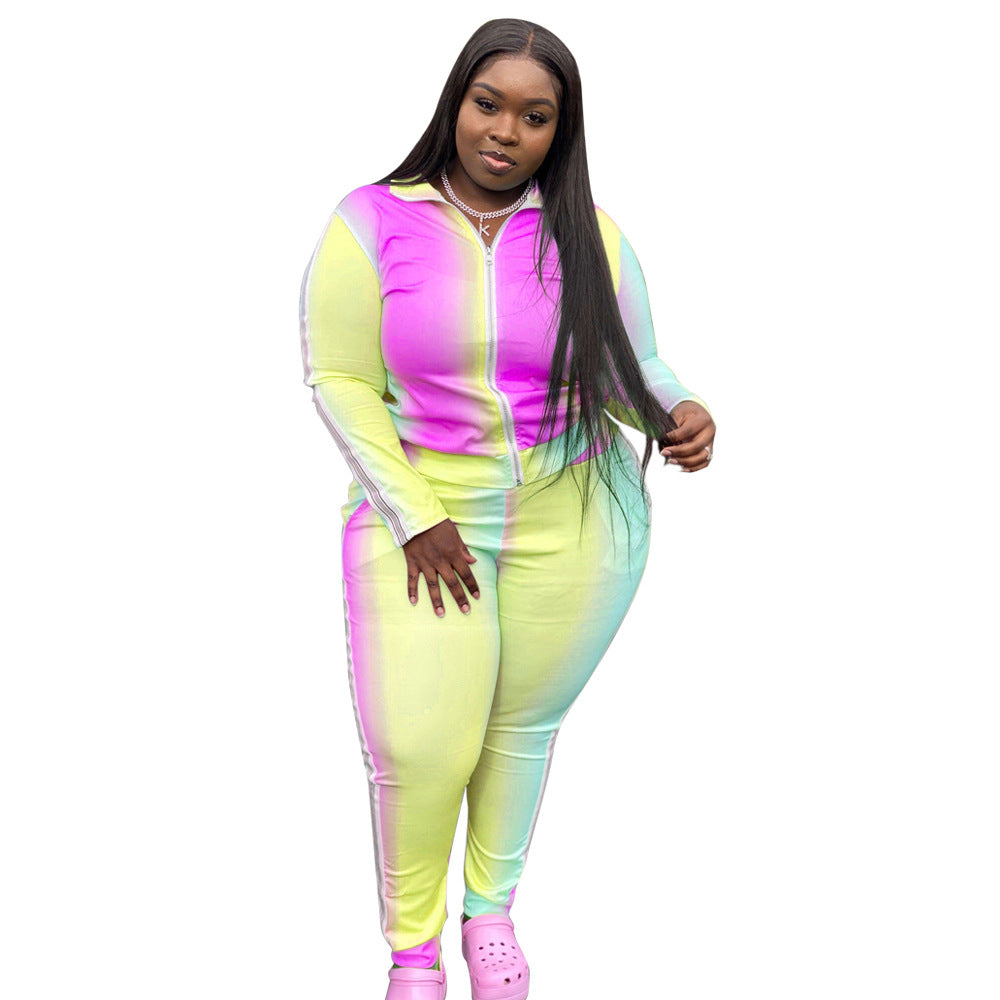 Gradient Color Printed Zip-Up Casual Two-Piece Set