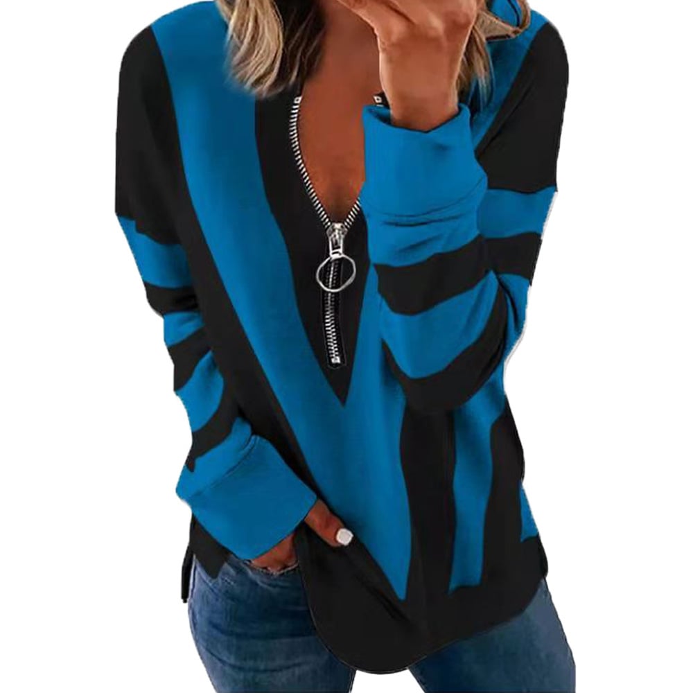 Printed Long Sleeve V-Neck Zip Casual Sweatshirt
