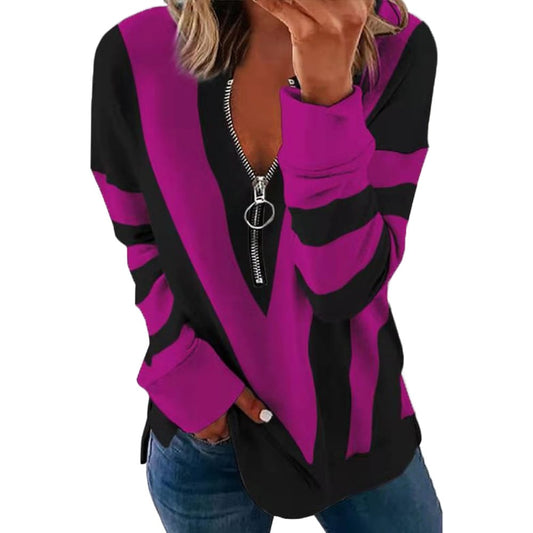Printed Long Sleeve V-Neck Zip Casual Sweatshirt