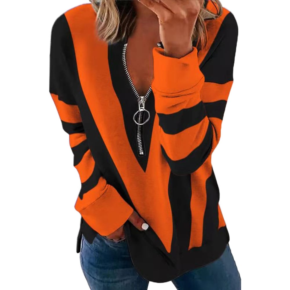 Printed Long Sleeve V-Neck Zip Casual Sweatshirt