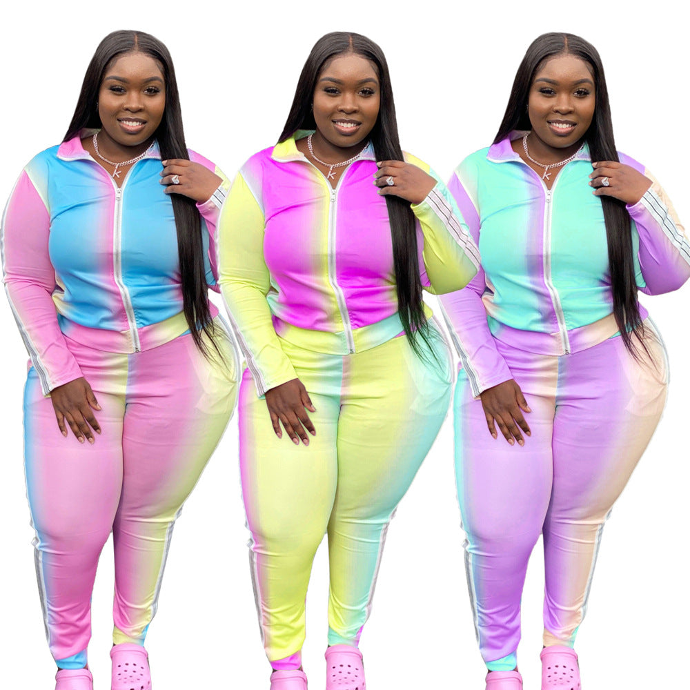 Gradient Color Printed Zip-Up Casual Two-Piece Set