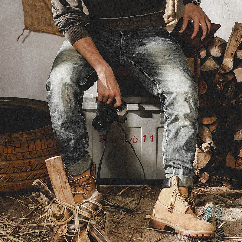 Vintage Distressed Slim Fit Denim Jeans (Retro Style)
