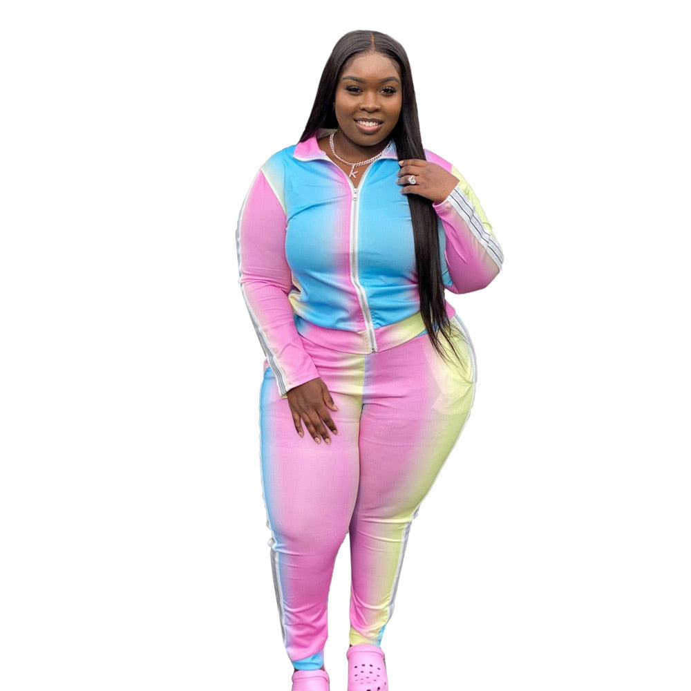 Gradient Color Printed Zip-Up Casual Two-Piece Set