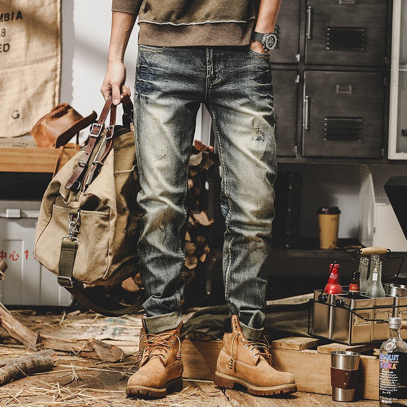 Vintage Distressed Slim Fit Denim Jeans (Retro Style)