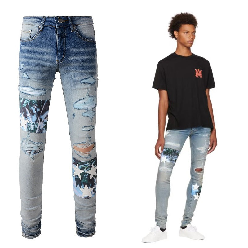 White Star Printed Torn Jeans for Men